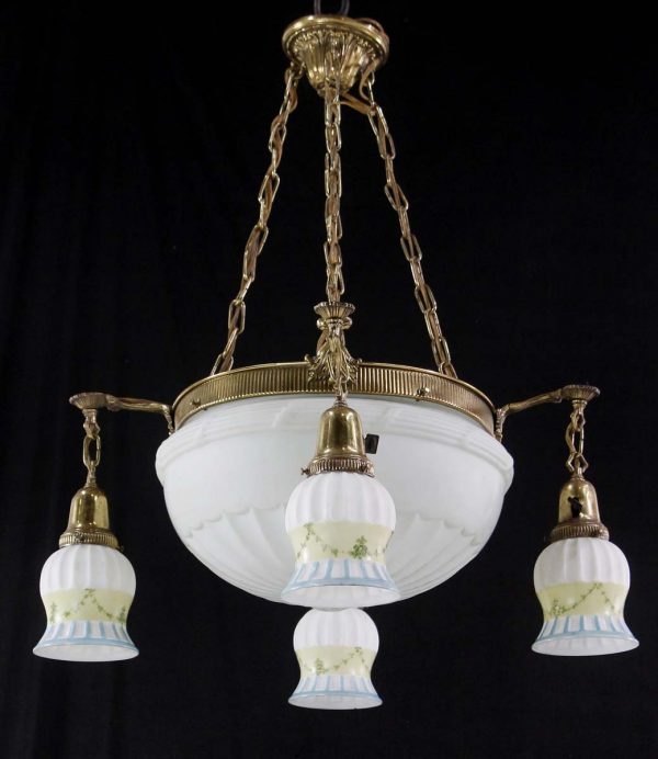 Chandeliers - 1900s Painted Milk Glass 4 Shades Dish Chandelier