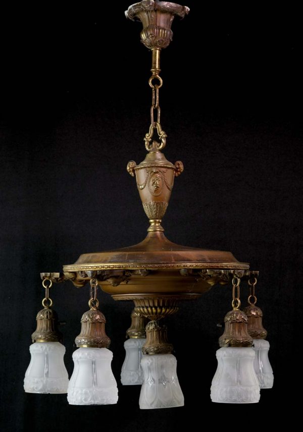 Chandeliers - 1900s Victorian 6 Shade Frosted Glass & Brass Chandelier