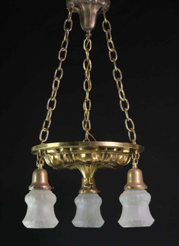 Chandeliers - 1910s Brass Sheffield Down Frosted Shades Chandelier