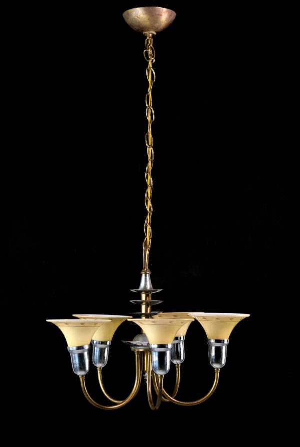 Chandeliers - 1930s Art Deco 5 Arm Etched Glass Shades Brass & Nickel Chandelier