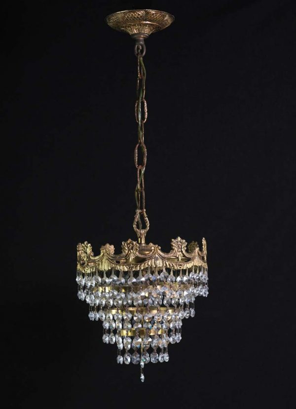 Chandeliers - 1960s Petite Ornate Brass & Crystal Chandelier