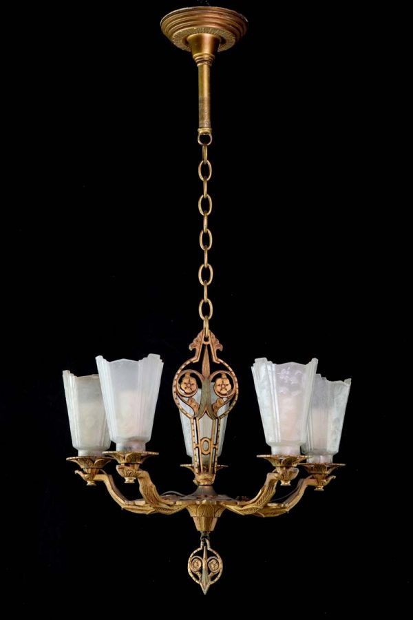 Chandeliers - Antique Art Deco Frosted Glass Shades 5 Arm Chandelier