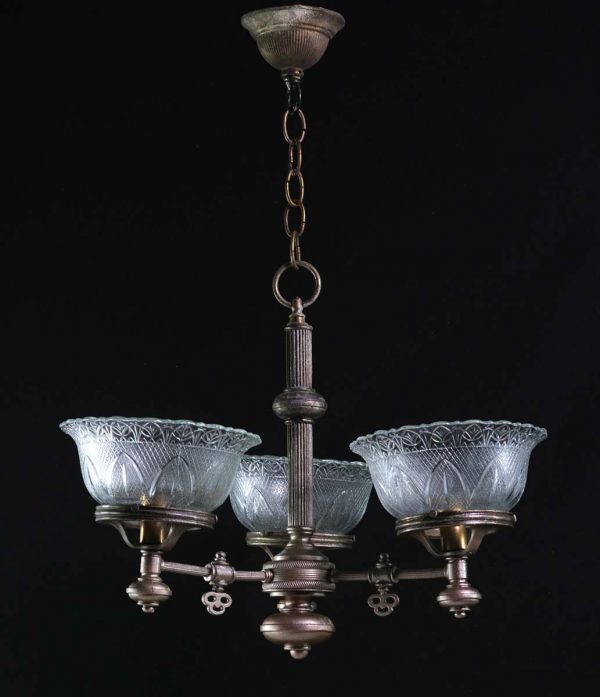 Chandeliers - Antique Brass & Glass 3 Light Gas Converted to Electric Chandelier