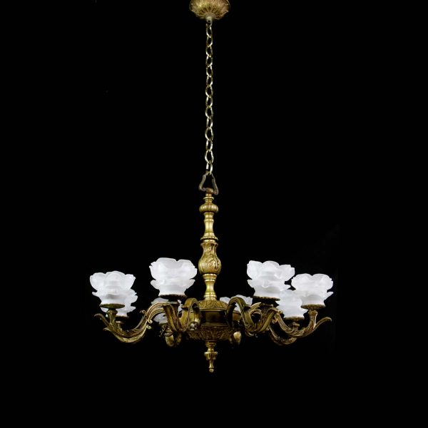 Chandeliers - French Bronze Frosted Floral Glass Shades 8 Arm Chandelier