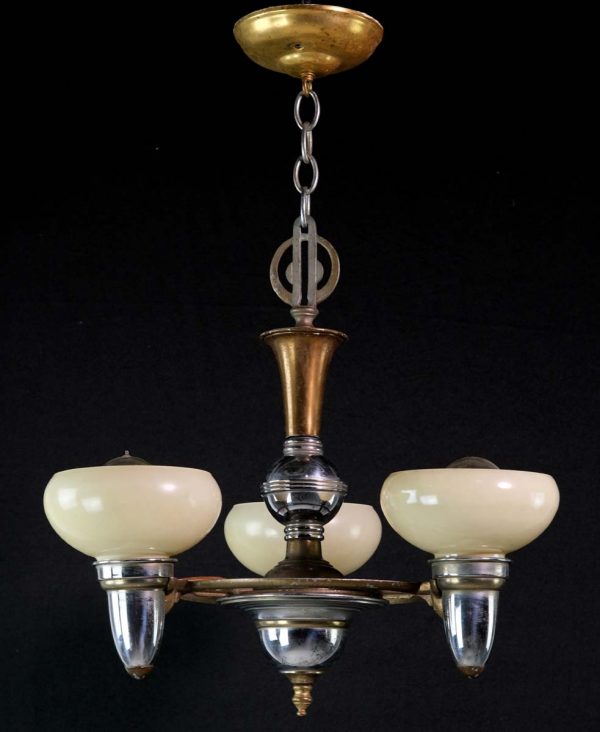 Chandeliers - Nickel Plated Art Deco Custard Milk Glass Shades Chandelier