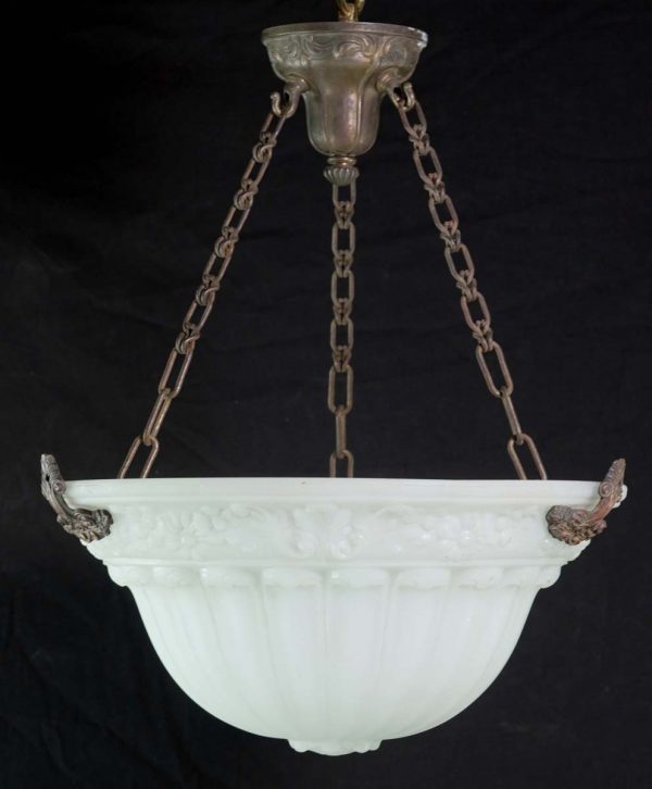 Down Lights - 1910s Opaque Fluted Cast Glass Dish Brass Pendant Light