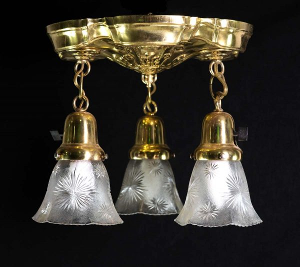 Down Lights - 1930s Brass Etched Glass Shades Pan Pendant Light