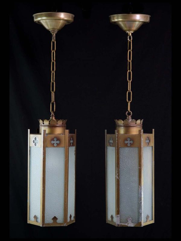 Down Lights - Pair of 1950s Brass Patina Gothic Pendant Lights