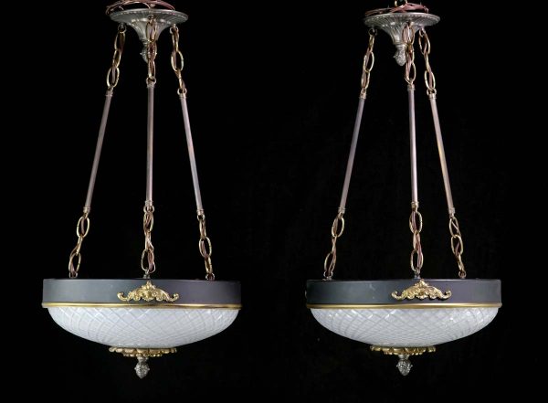 Down Lights - Pair of Waldorf Astoria Etched Glass Empire Dish Pendant Lights