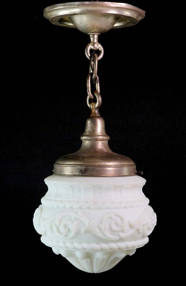 Globes - 1900s Milk Glass Foliage Detail & Silver Plated Pendant Light