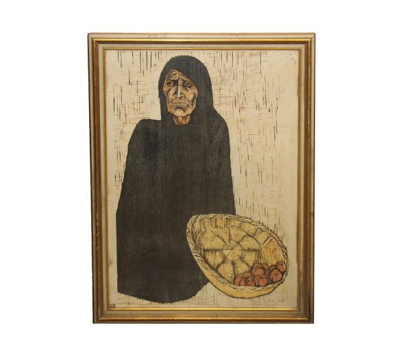 Paintings - 1970s Framed Print of Elderly Women with Fruit