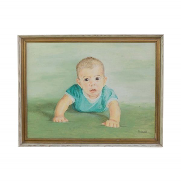 Paintings - 1970s Signed Oil Portrait Painting of a Baby on Canvas