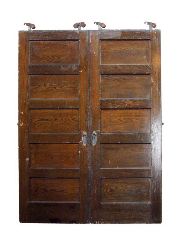 Pocket Doors - Antique 5 Pane Oak Pocket Double Doors 84.25 x 60.5