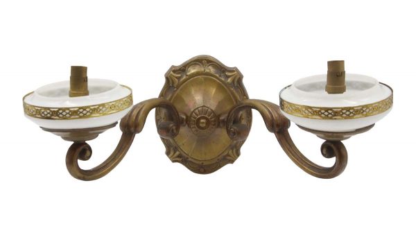 Sconces & Wall Lighting - Pair of 1910s Art Deco Bronze French 2 Arm Wall Sconces with Opaline Shades