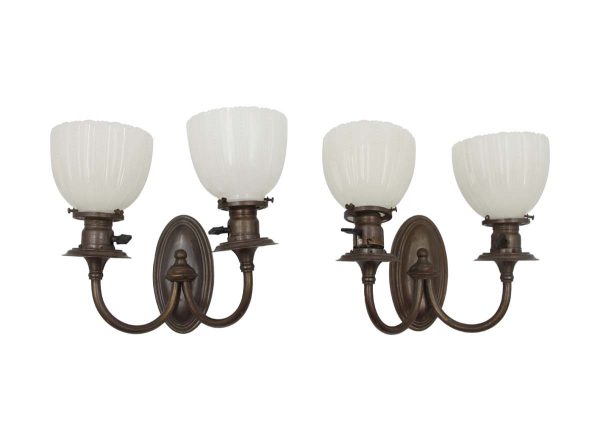 Sconces & Wall Lighting - Pair of 1910s Brass 2 Arm Fluted Milk Glass Shade Wall Sconces