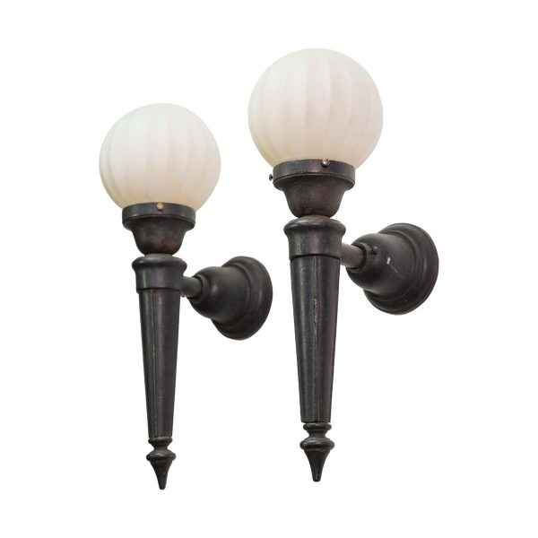 Sconces & Wall Lighting - Pair of 1920s Solid Cast Iron Exterior Sconces with Frosted & Fluted Glass Globes