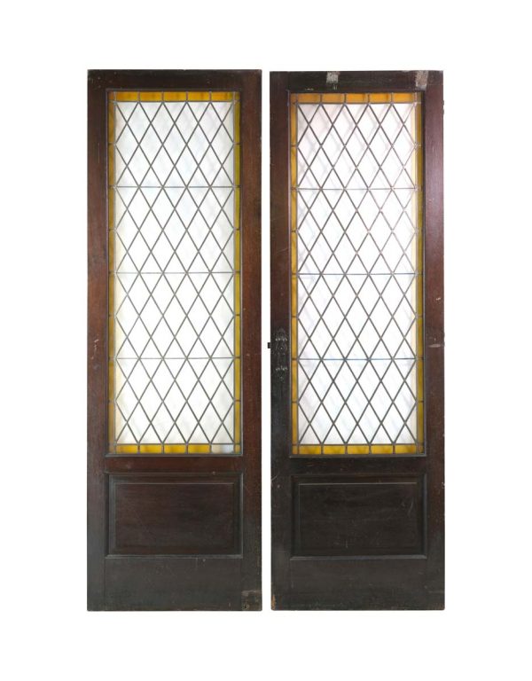 Specialty Doors - Vintage Solid Oak Leaded Stained Glass Double Doors 94.25 x 60.5