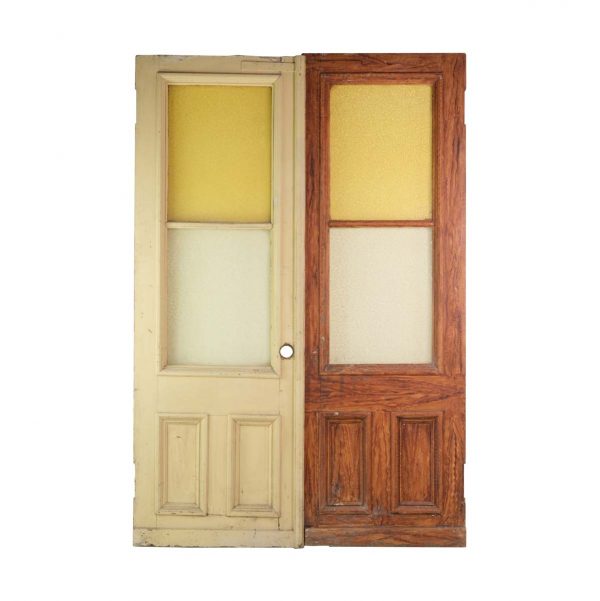 Standard Doors - Reclaimed Yellow Stained Glass Wood Double Doors 86 x 60
