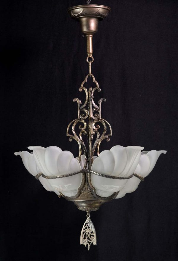 Up Lights - Antique Art Deco Brass Frosted Slip Shade Glass Chandelier