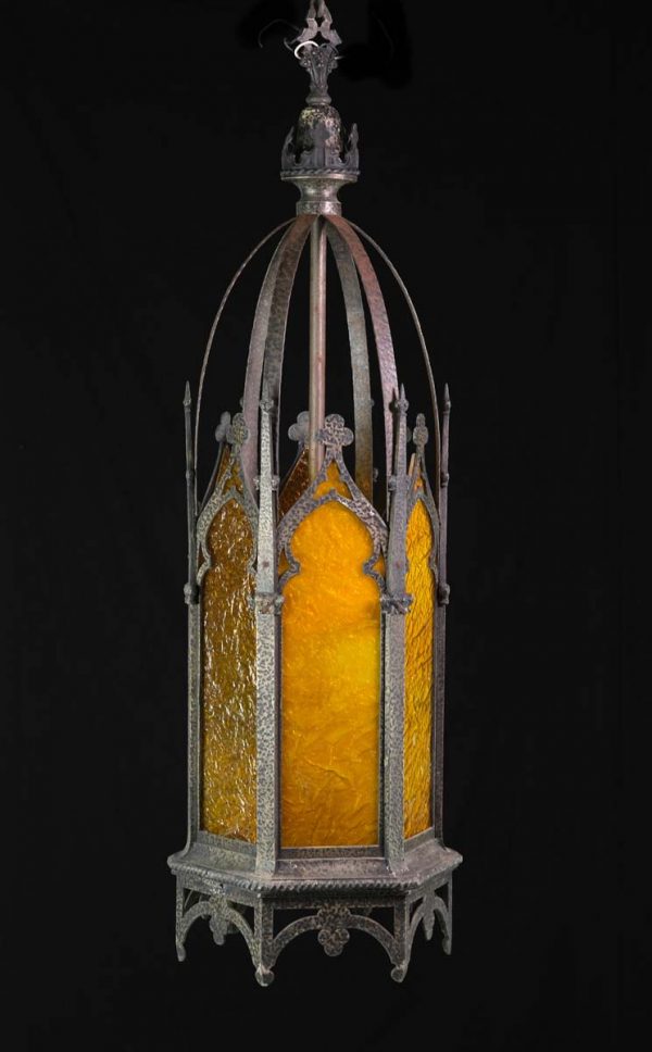 Wall & Ceiling Lanterns - Hammered Iron Gothic Amber Stained Glass Ceiling Lantern
