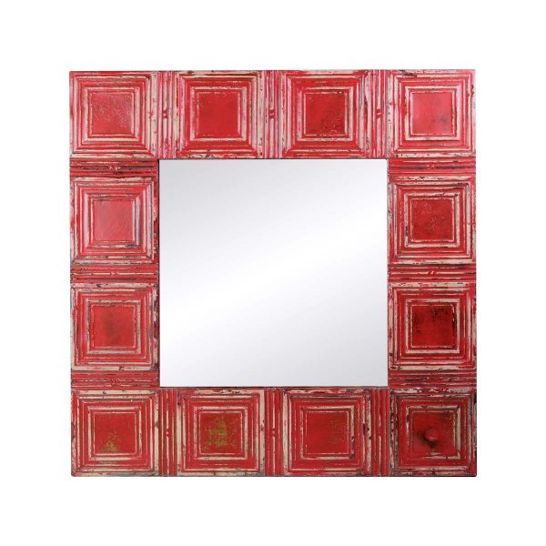 Antique Tin Mirrors - Antique Red Squares Pattern Tin Panel Mirror