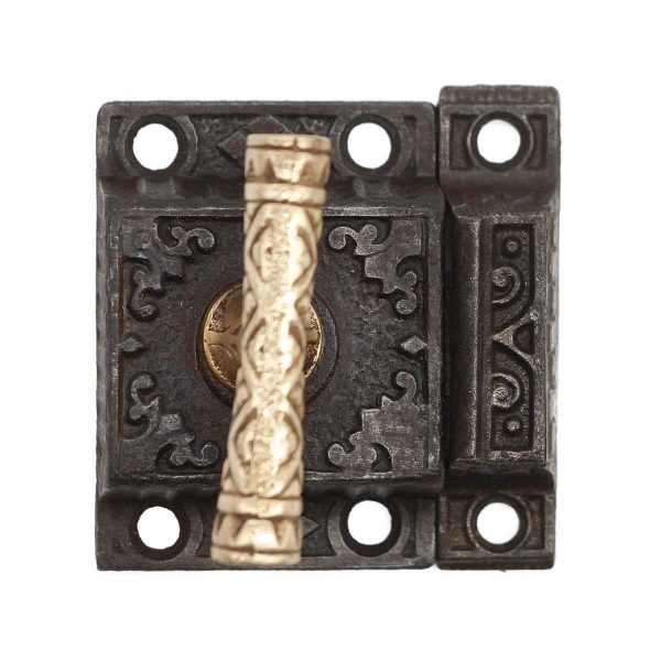 Cabinet & Furniture Latches - Ornate Cast Iron Cabinet Latch with High Profile Polished Bronze T Handle