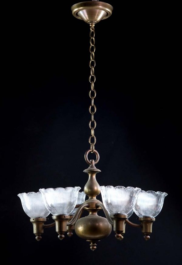 Chandeliers - 1910s 6 Arm Holophane Shaded Bronze Chandelier