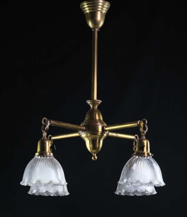 Chandeliers - 1910s Four Arm Brass Chandelier with Holophane Glass Shades