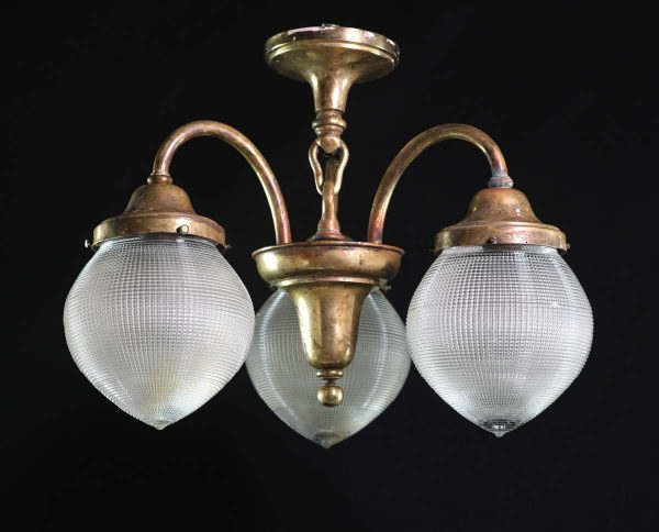 Chandeliers - 1910s Holophane Dental Glass Globes Semi Flush Brass Chandelier