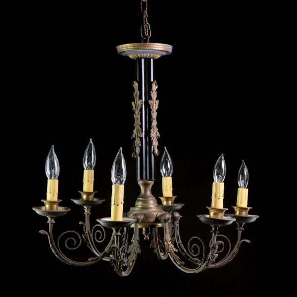 Chandeliers - 1920s French 6 Arm Scrolled Foliage Brass Chandelier