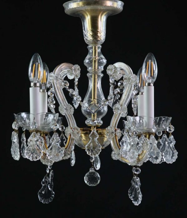 Chandeliers - 1920s Petite Marie Therese 4 Arm Glass & Brass Chandelier
