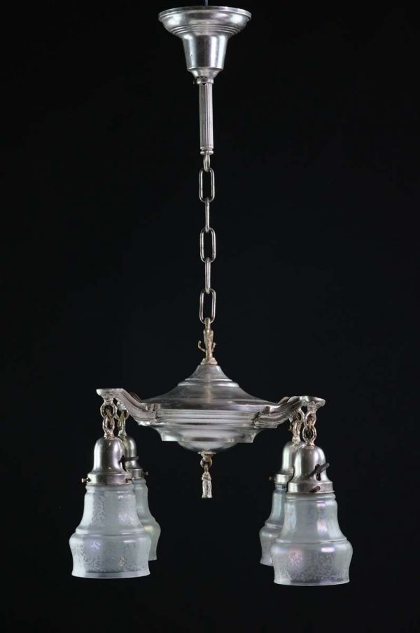 Chandeliers - 1920s Silver Plated Brass 4 Arm Iridescent Shades Chandelier