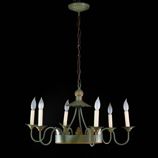 Chandeliers - 1940s French Country Foliate Tole 6 Arm Chandelier
