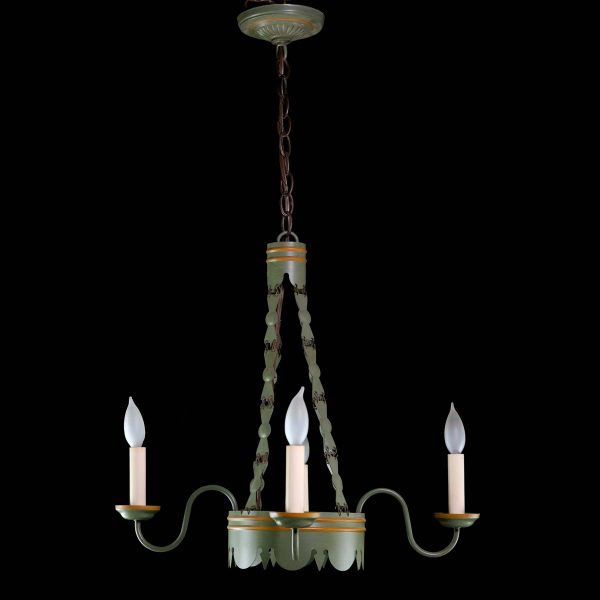 Chandeliers - 1940s French Country Sage Green Tole 4 Arm Chandelier