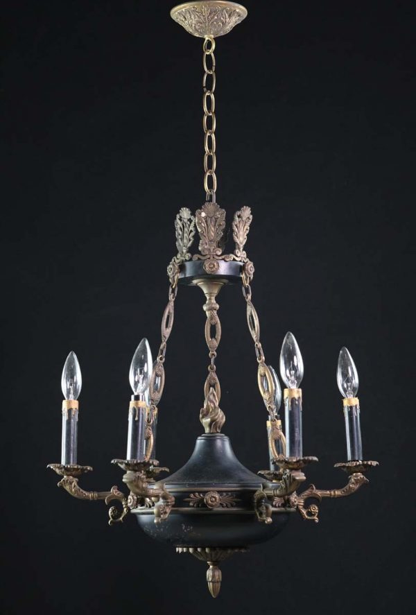 Chandeliers - 1940s Six Arm Empire Brass Chandelier with a Black Enameled Finish