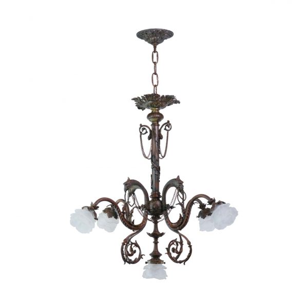Chandeliers - 19th Century French Griffon Floral Shaded Bronze Chandelier