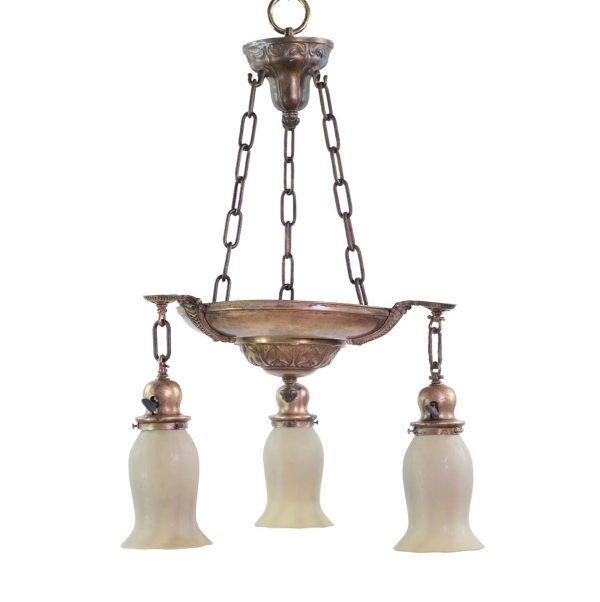 Chandeliers - Antique Arts & Crafts 3 Down Shade Brass Chandelier