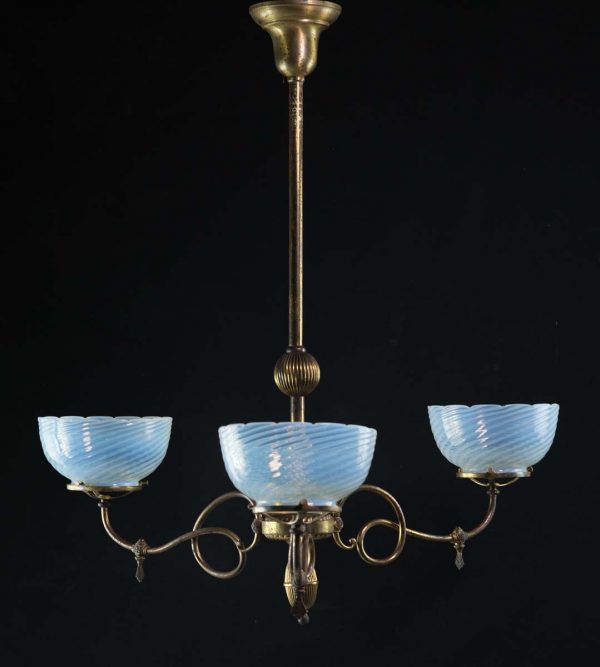 Chandeliers - Antique Brass 3 Arm Electrified Gas Opalescent Glass Shades Chandelier