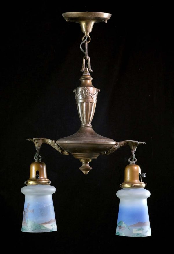 Down Lights - 1910s Brass Hand Painted Glass Shades Pendant Light