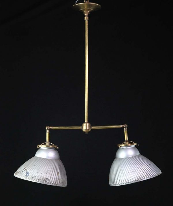 Down Lights - 1910s Brass X-Ray Glass Shades Double Pendant Light