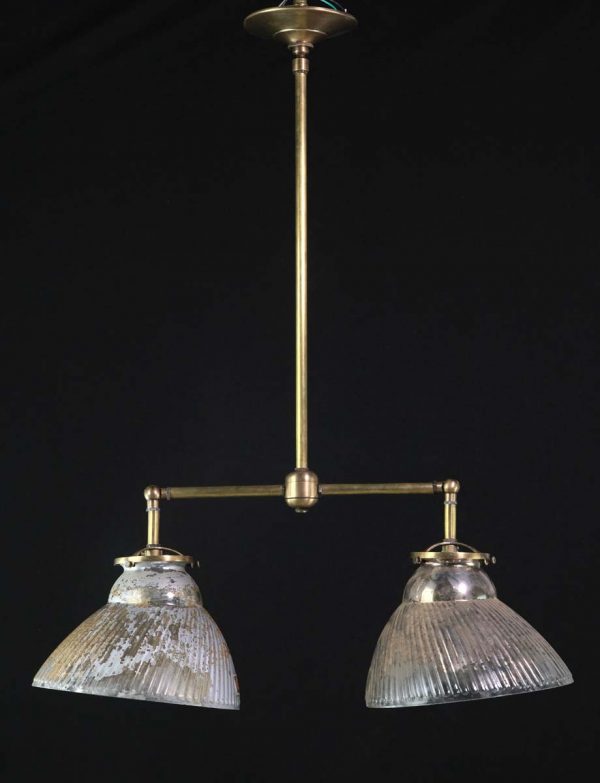 Down Lights - 1910s X-Ray Glass Brass Pole Double Down Pendant Light