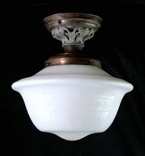 Flush & Semi Flush Mounts - Antique Floral Brass Opaline Glass Semi Flush Mount Light