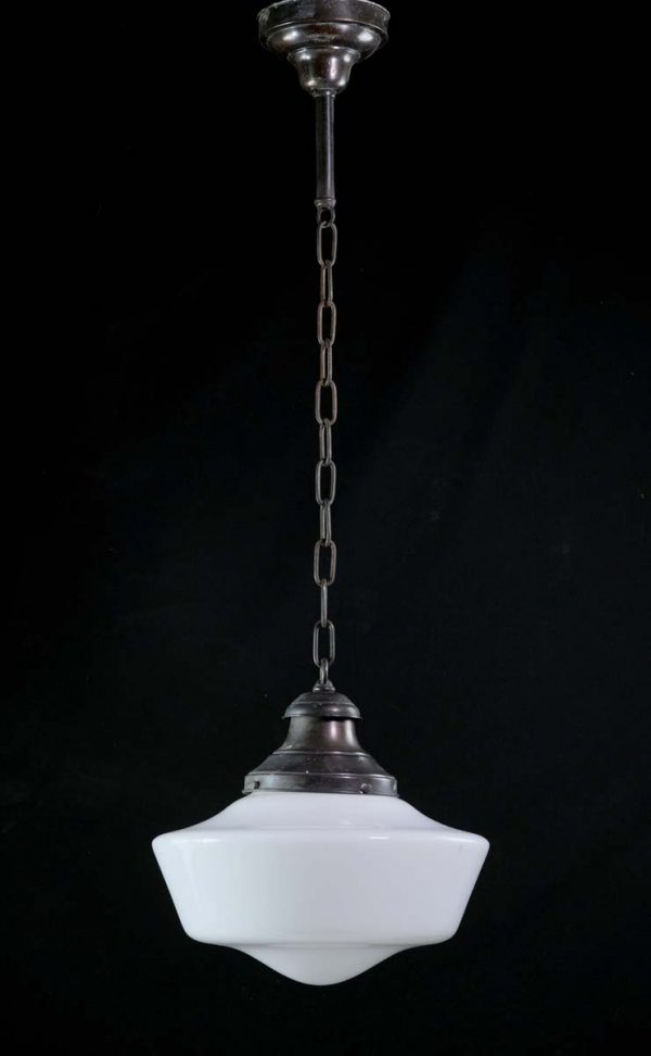 Globes - 1930s Schoolhouse Milk Glass Pendant Light with Original Brass Fixture