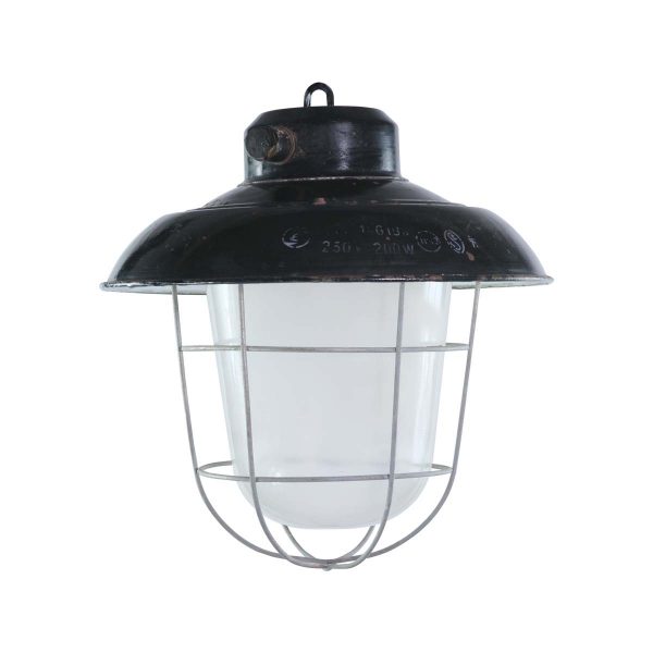 Industrial & Commercial - Reclaimed Enameled Steel Frosted Glass Industrial Cage Light
