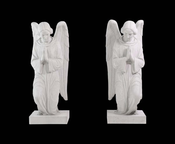 Statues & Fountains - Pair of 1940s Gray Statuary Hand Carved Marble Statues of Angels