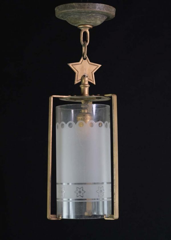 Up Lights - Petite Brass Star Motif & Floral Frosted Cylinder Glass Pendant Light