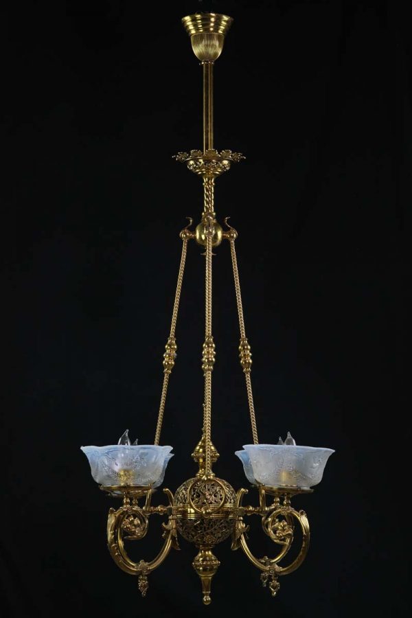 Chandeliers - Antique Converted Gas Polished Brass Filigree 4 Arm Chandelier