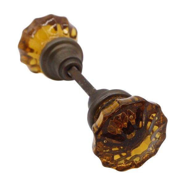 Door Knobs - Pair of Antique Fluted Amber Glass Doorknobs