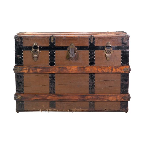 Trunks - Antique Wooden Flat Top Trunk with Steel Straps