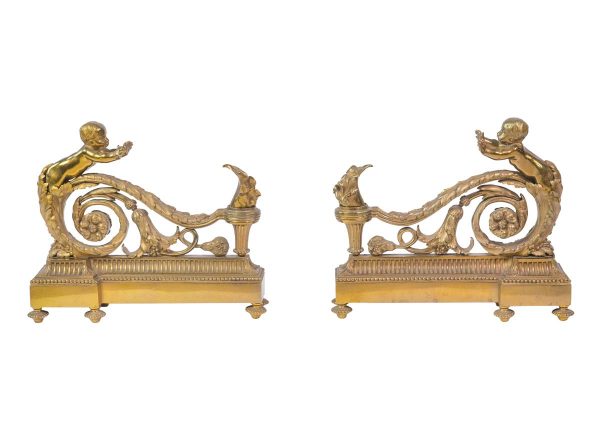Andirons - Pair of European Antique Louis XV Bronze Cherub Chenets